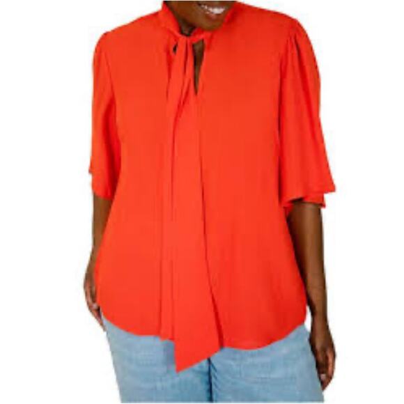 Eloquii Blouse Size 24 Neon Orange Chiffon Flutter Sleeve Tie Neck Preppy Office - Picture 1 of 7